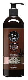 Hemp seed hand and body lotion bottle with black pump, brown liquid, 16 fl oz