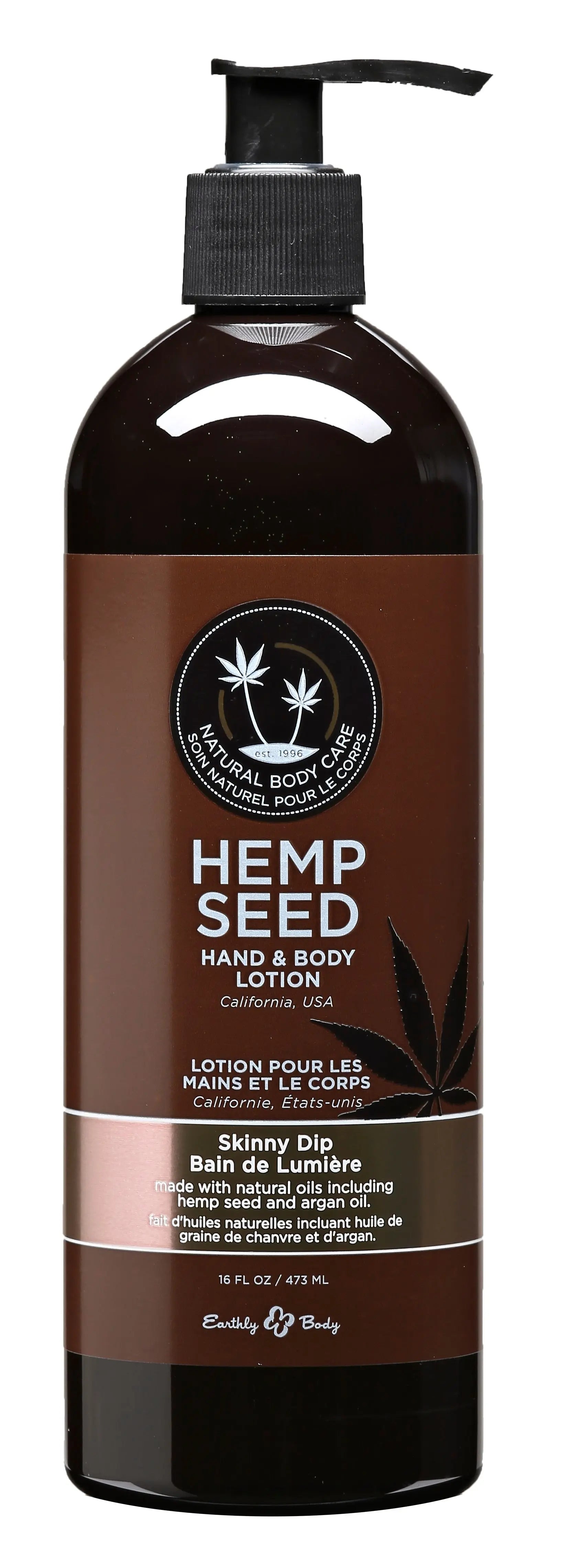 Hemp seed hand and body lotion bottle with black pump, brown liquid, 16 fl oz