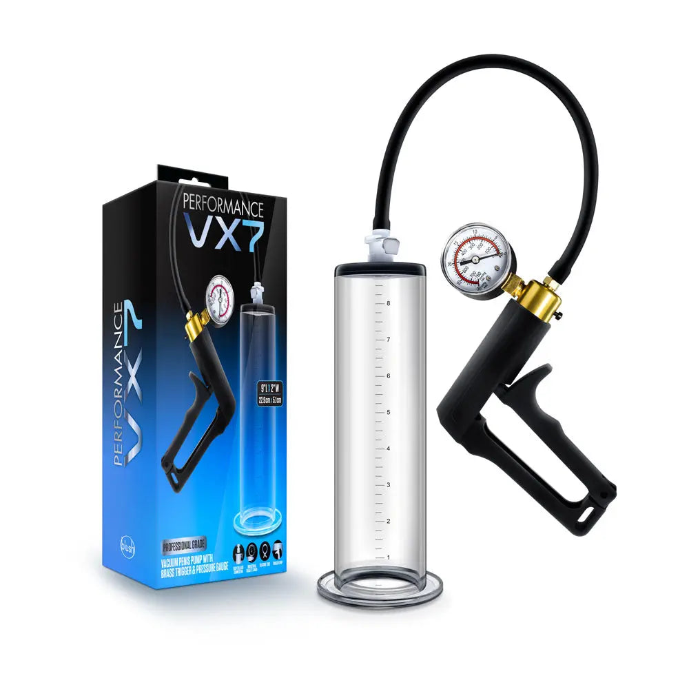 Performance - Vx7 Vacuum Penis Pump With Brass Trigger & Pressure Gauge - Clear – body-safe silicone suction stimulation |...