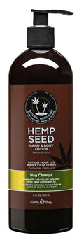 Hemp seed hand and body lotion bottle with pump, Nag Champa scent label