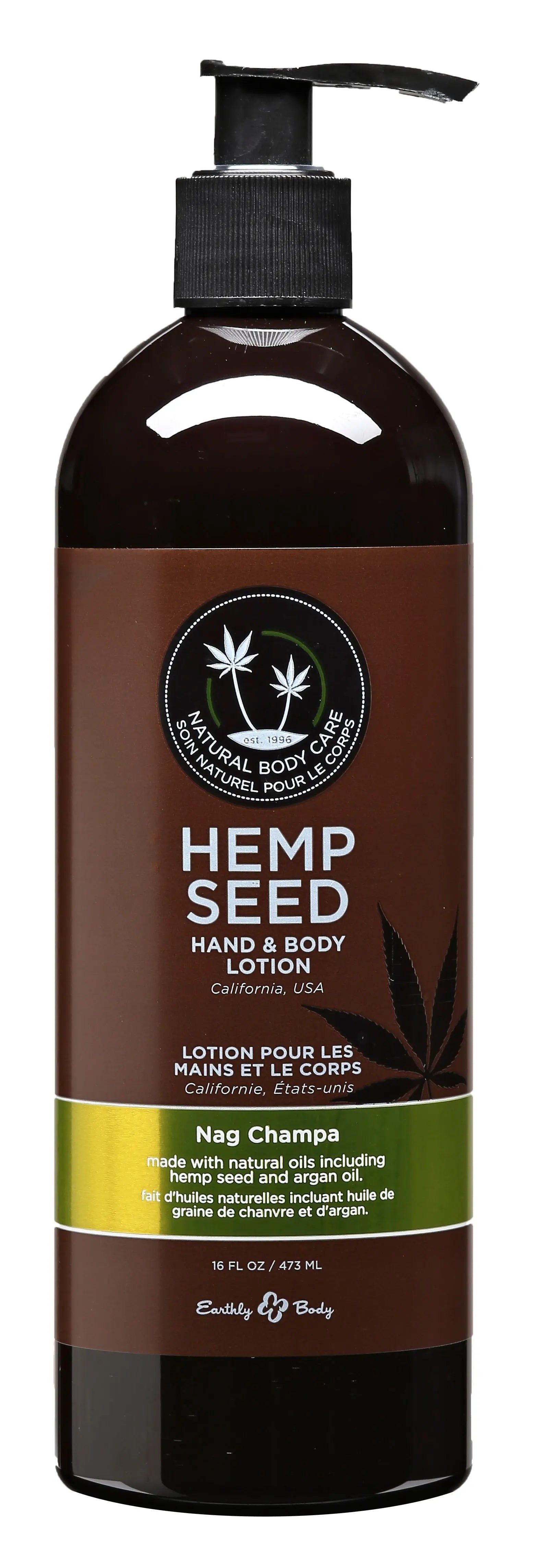 Hemp seed hand and body lotion bottle with pump, Nag Champa scent label
