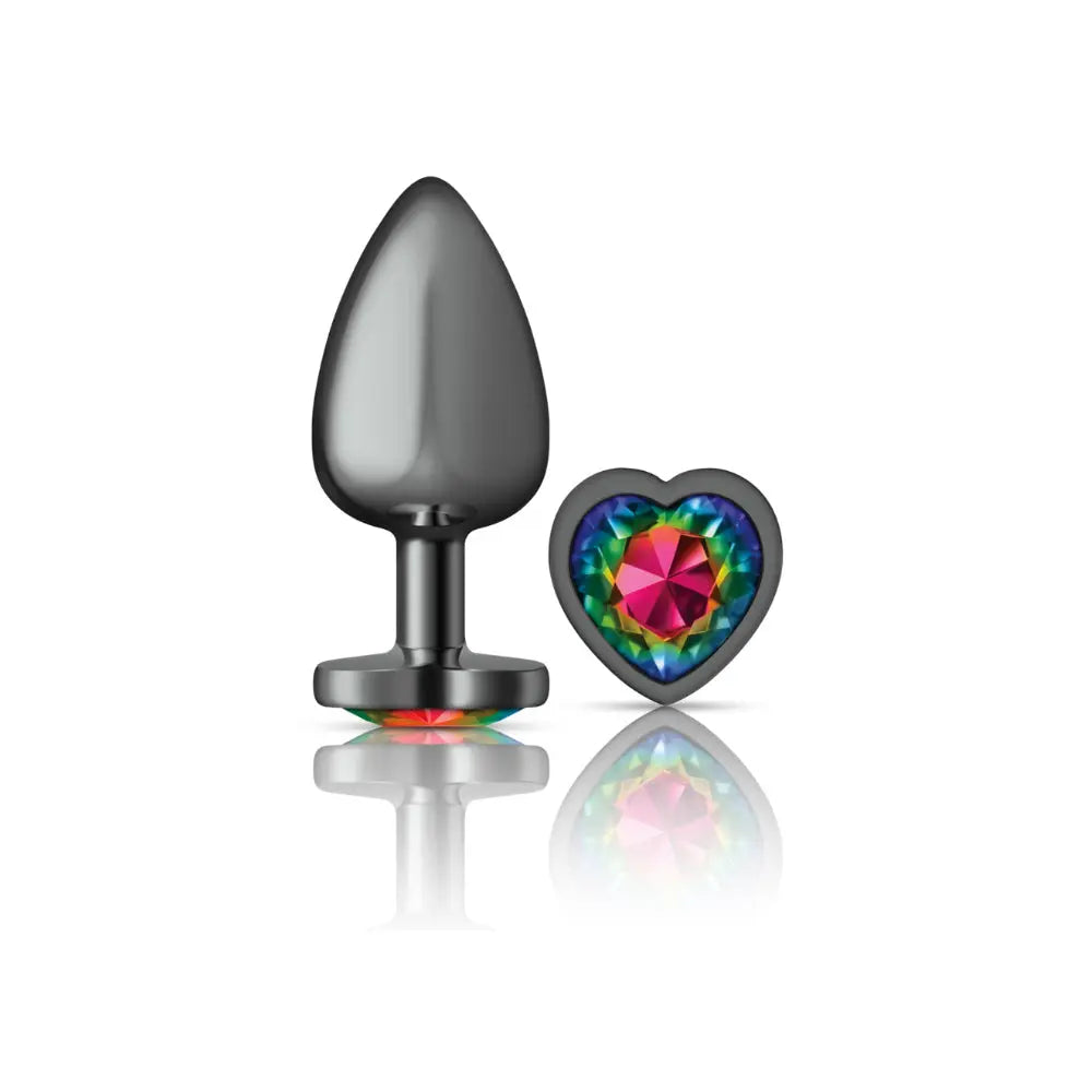 Rainbow Heart Gem Gunmetal Metal Plug - Lg – body-safe materials fully waterproof | Fu'Cha Exotics