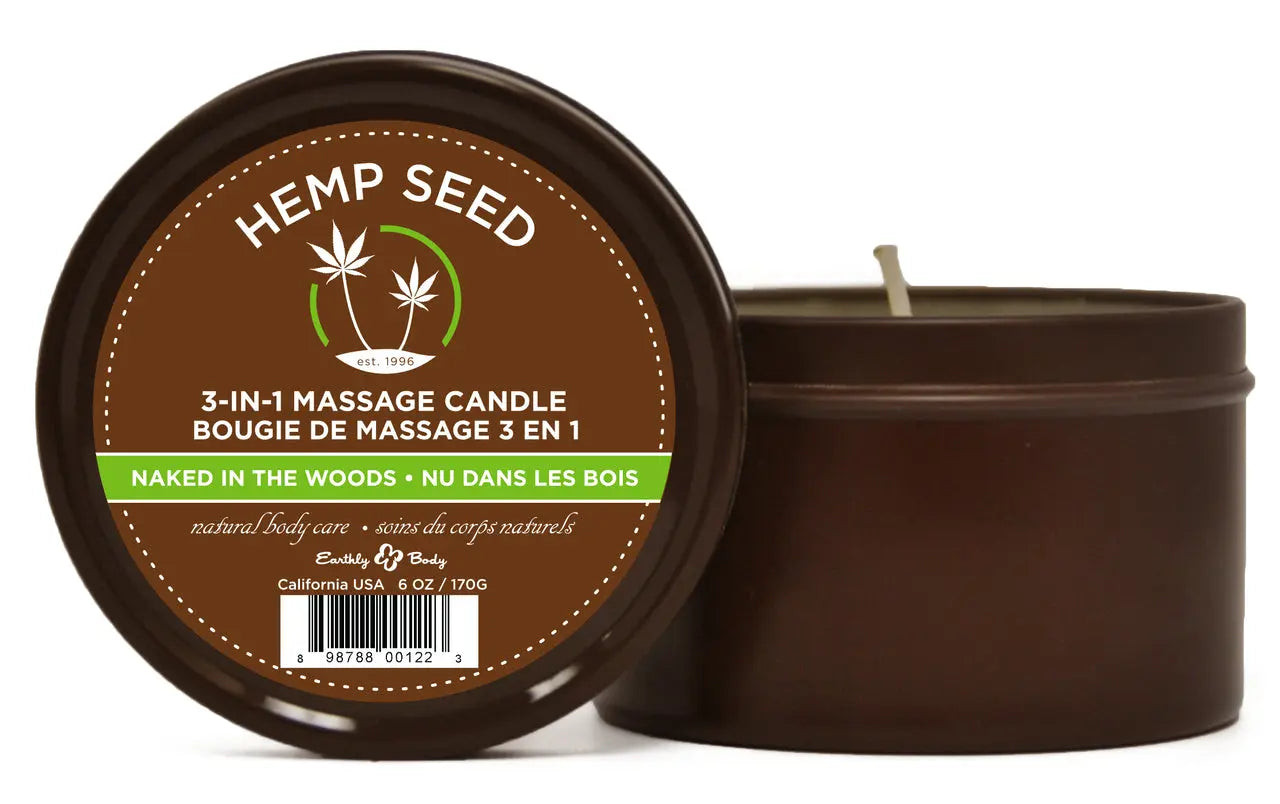 Hemp seed 3-in-1 massage candle tin with Naked in the Woods lid
