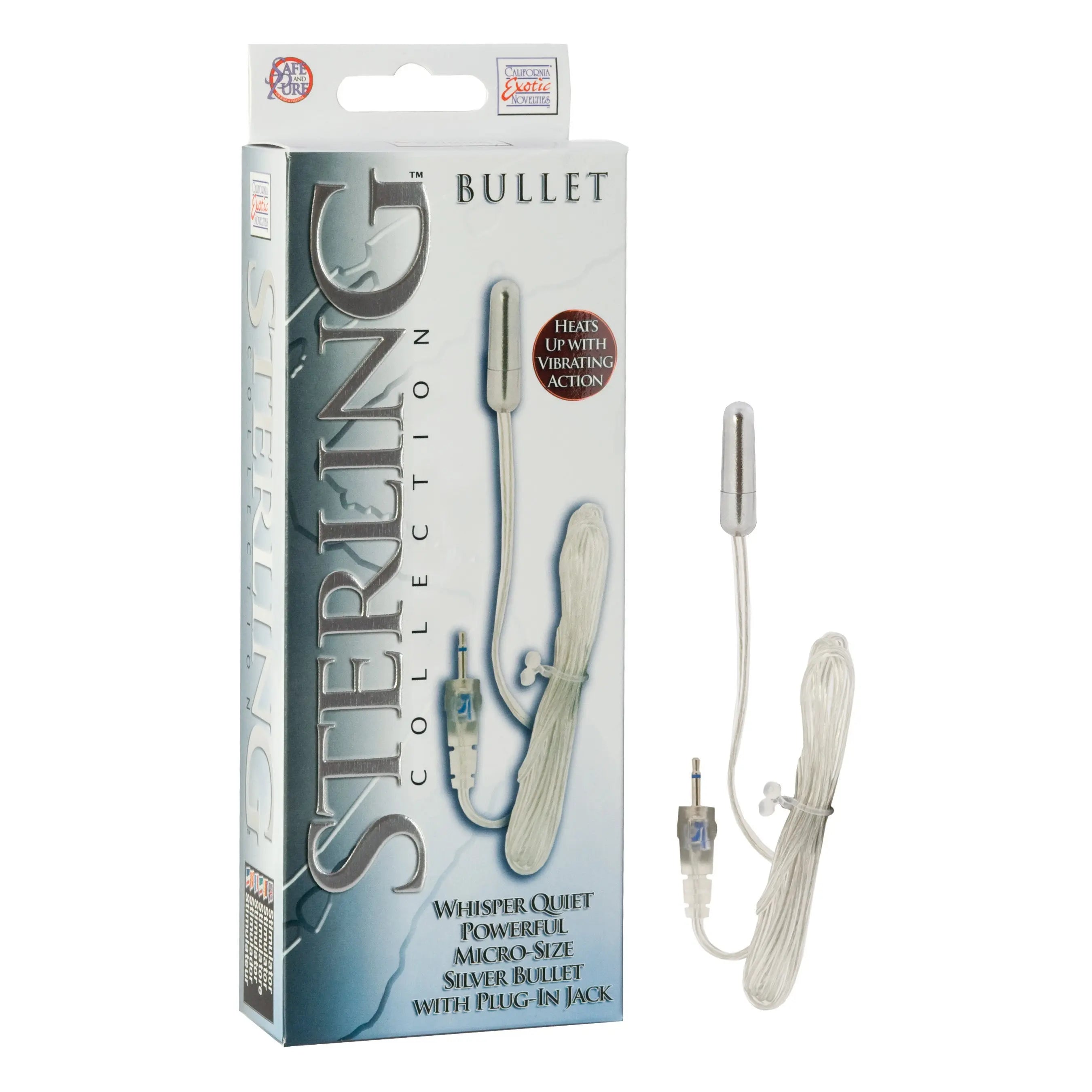 Silver micro bullet massager with power plug and attached cord