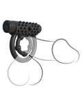 Black remote control massager with textured handle and connected flexible rings