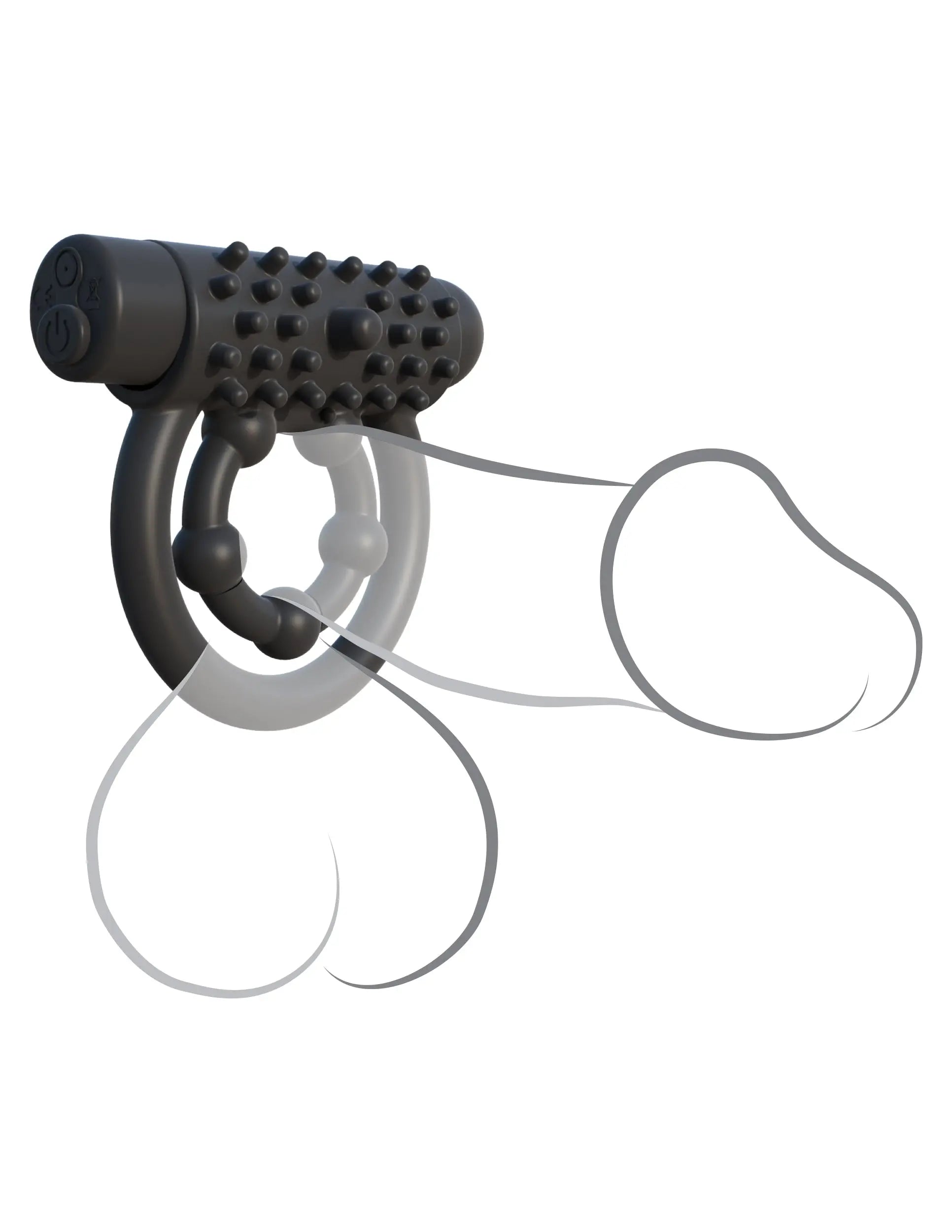 Black remote control massager with textured handle and connected flexible rings