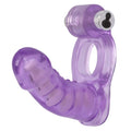 Purple rechargeable massager with two vibrating heads and curved handle