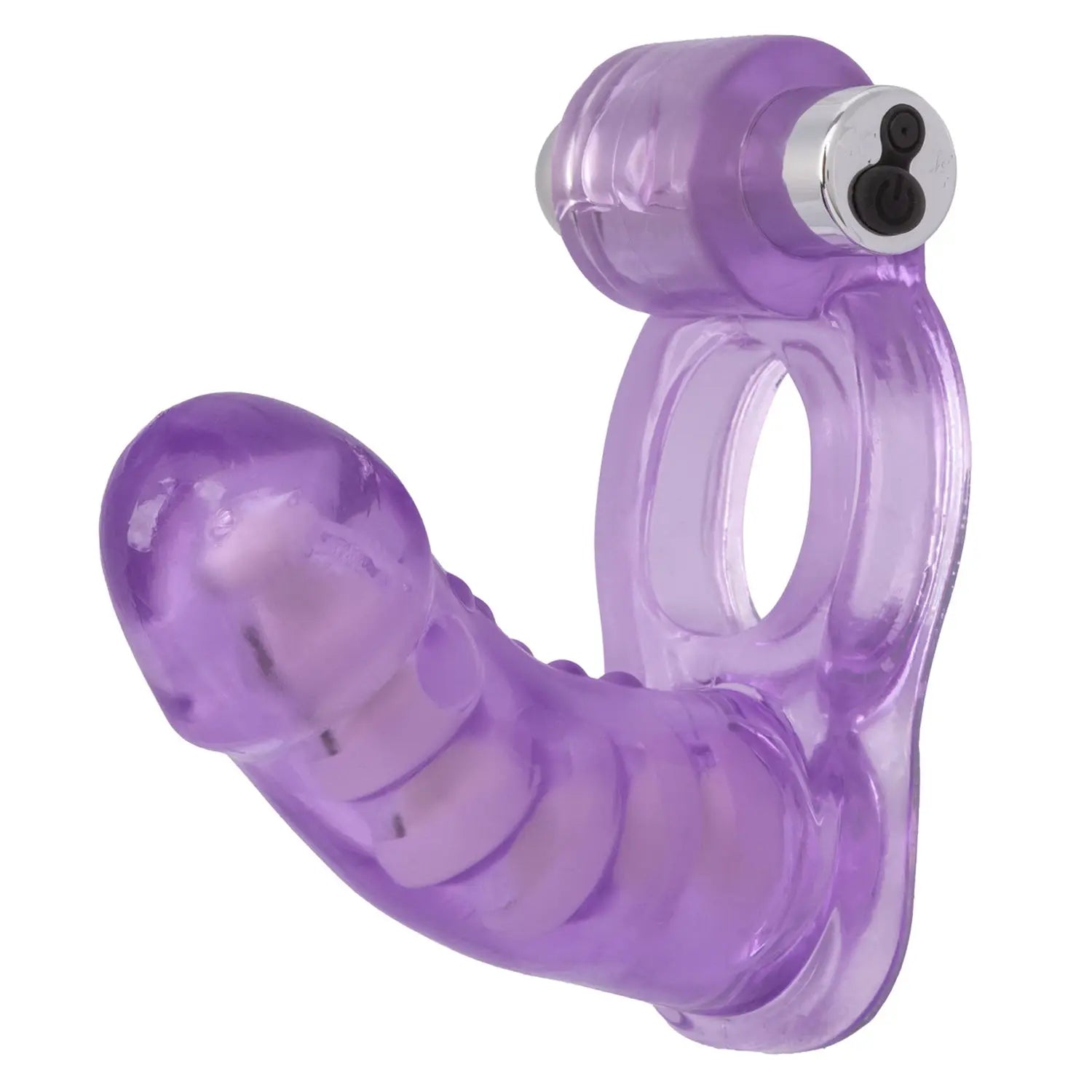 Purple rechargeable massager with two vibrating heads and curved handle