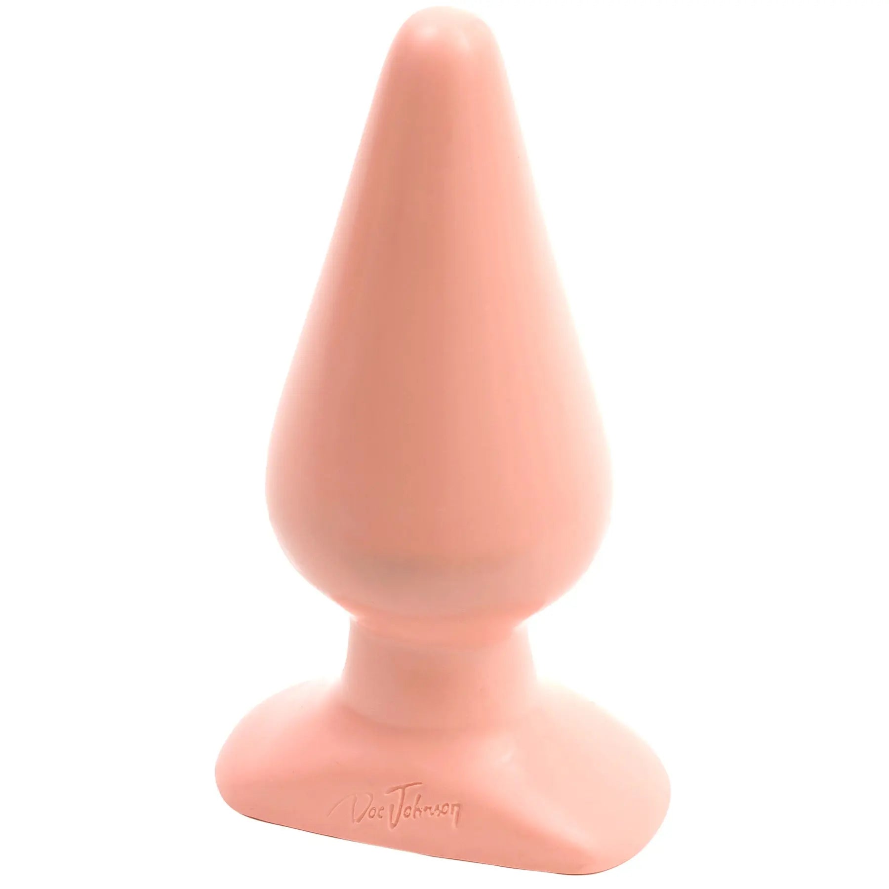 Smooth silicone butt plug with tapered tip and flared base, light white.