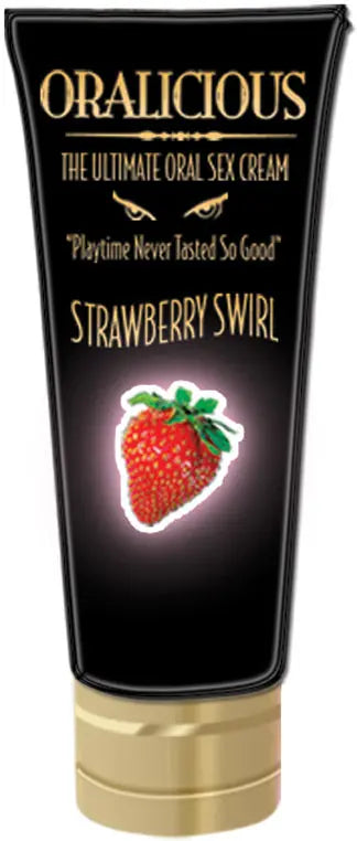 Oralicious strawberry swirl cream tube, dark black with gold cap and strawberry label