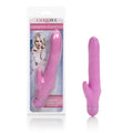 Pink flexible silicone wand massager with ribbed handle and curved tip