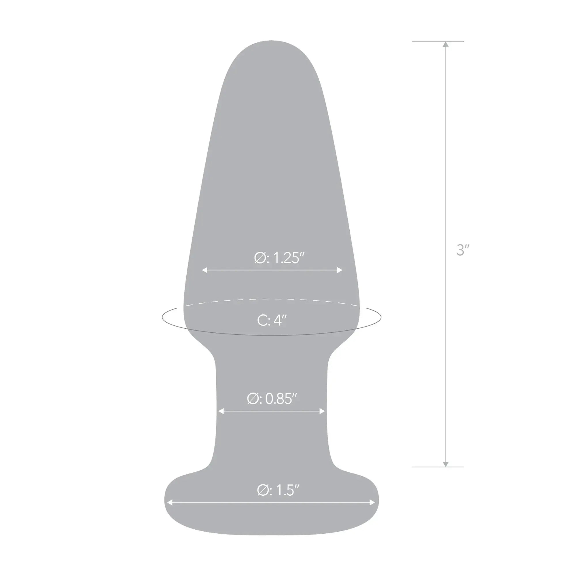 Glass butt plug with tapered shaft and rounded flared base, light gray.