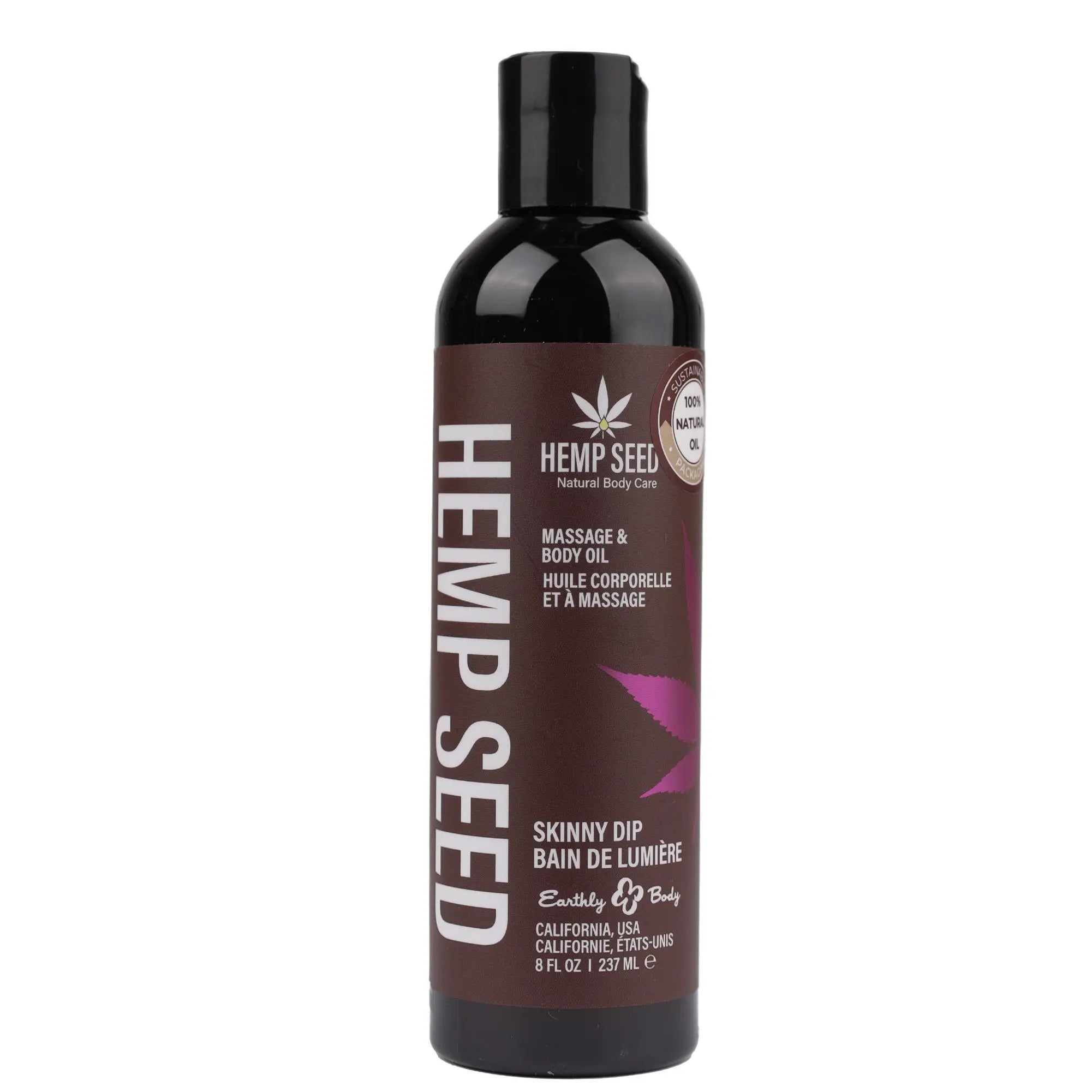 Massage and body oil bottle with dark maroon label and purple leaf, 8 fl oz