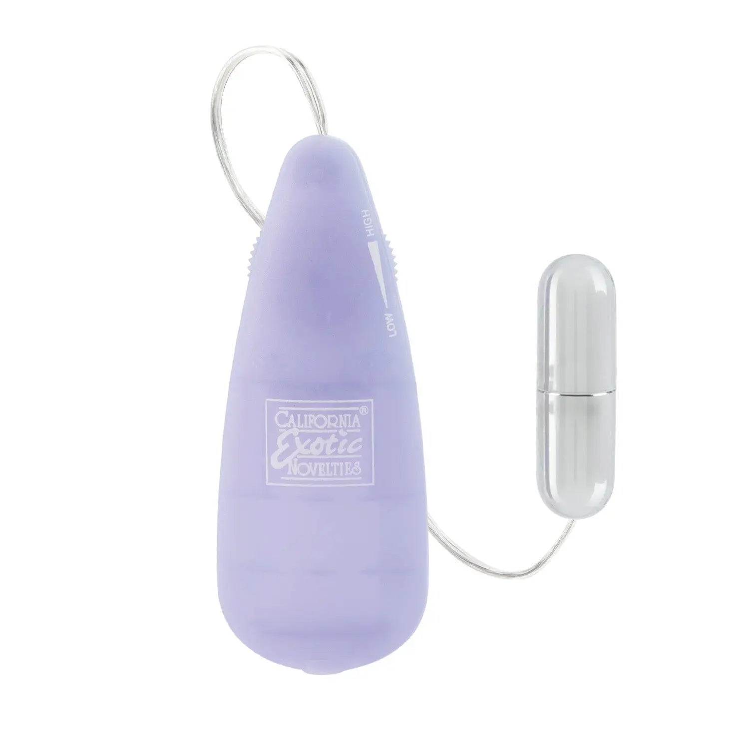 Purple teardrop silicone device with corded silver capsule, hanging loop design