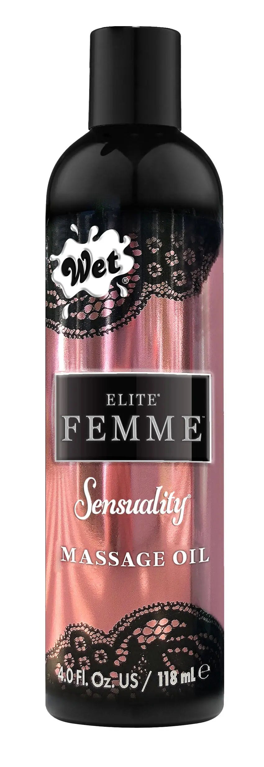 Massage oil bottle with black cap and pink rose-gold label, Wet logo and Sensuality