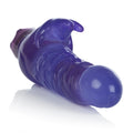 Purple plush bunny toy with long ears and curled body, smooth fabric