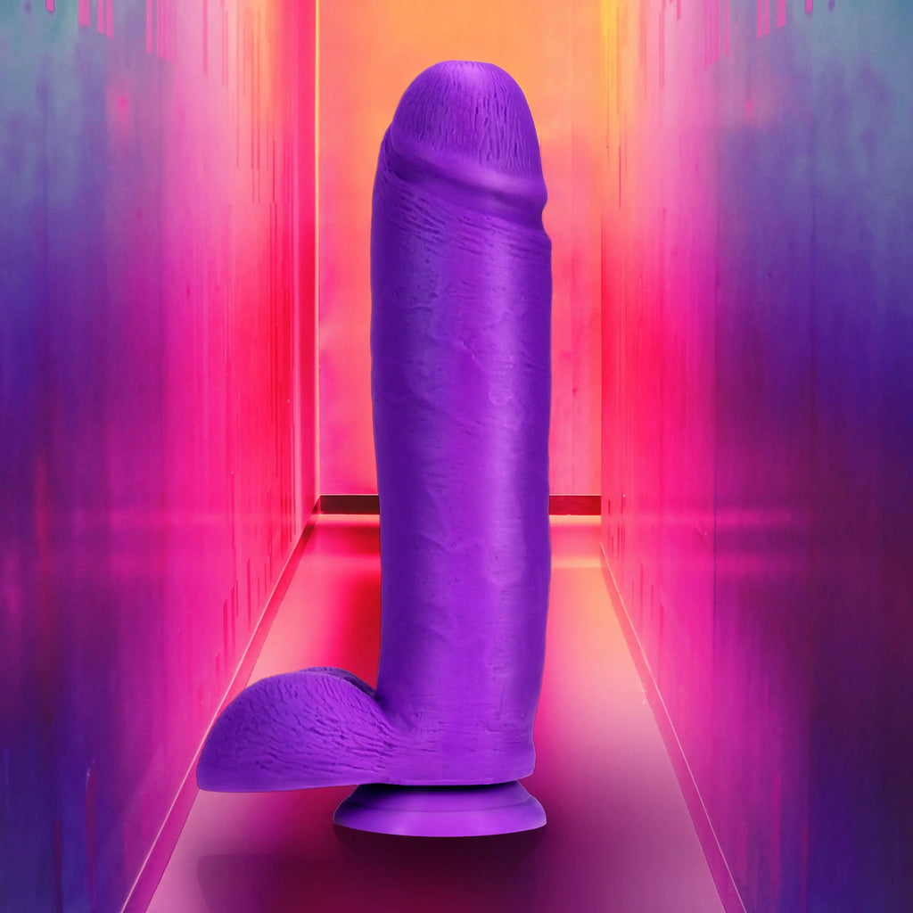Neo Elite - 10 Inch Silicone Dual Density Cock with Balls - Neon Purple – body-safe silicone suction stimulation | Fu'Cha...