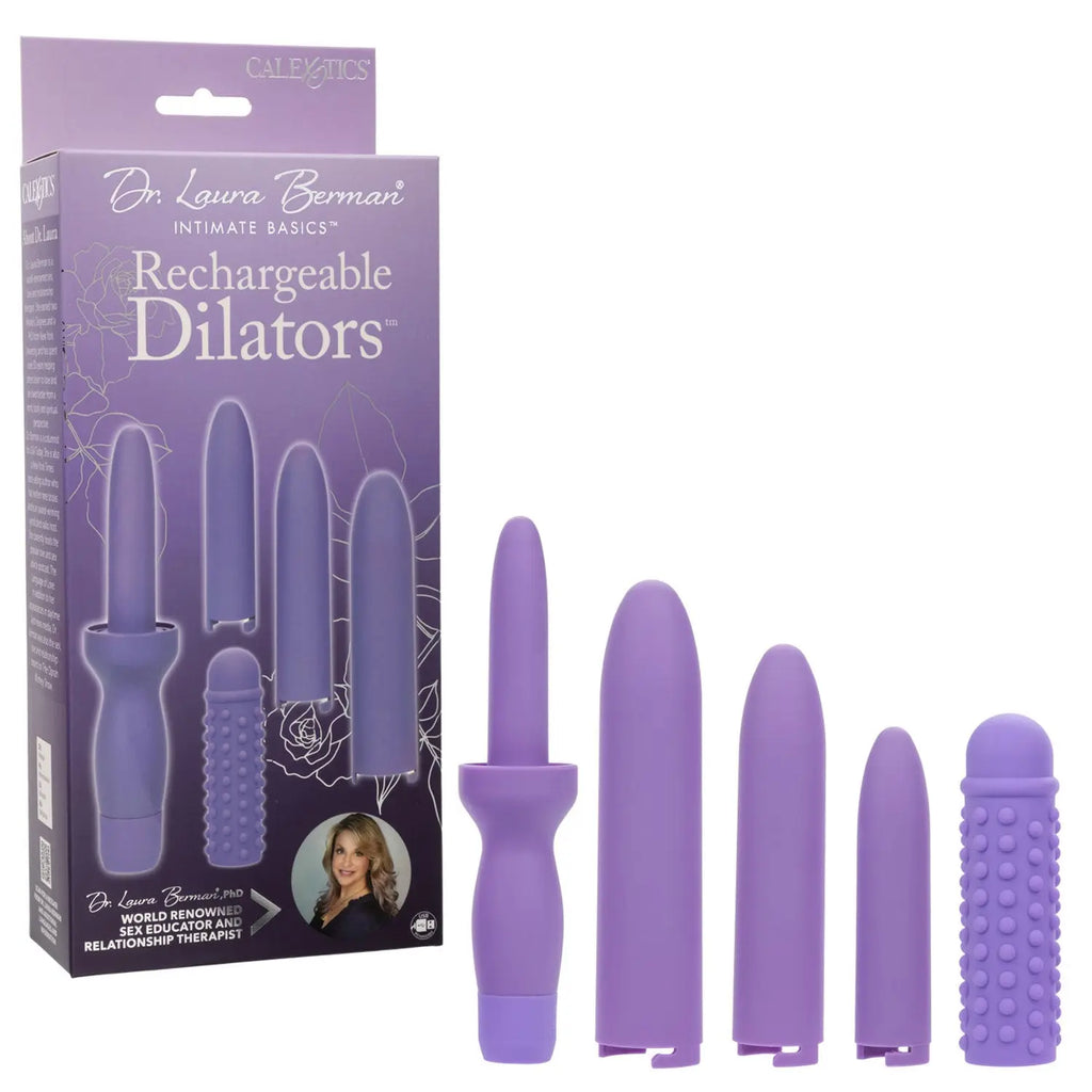 Dr. Laura Berman Rechargeable Dilators Set of 4 Locking Sizes Plus Sleeve - Purple – body-safe materials | Fu'Cha Exotics
