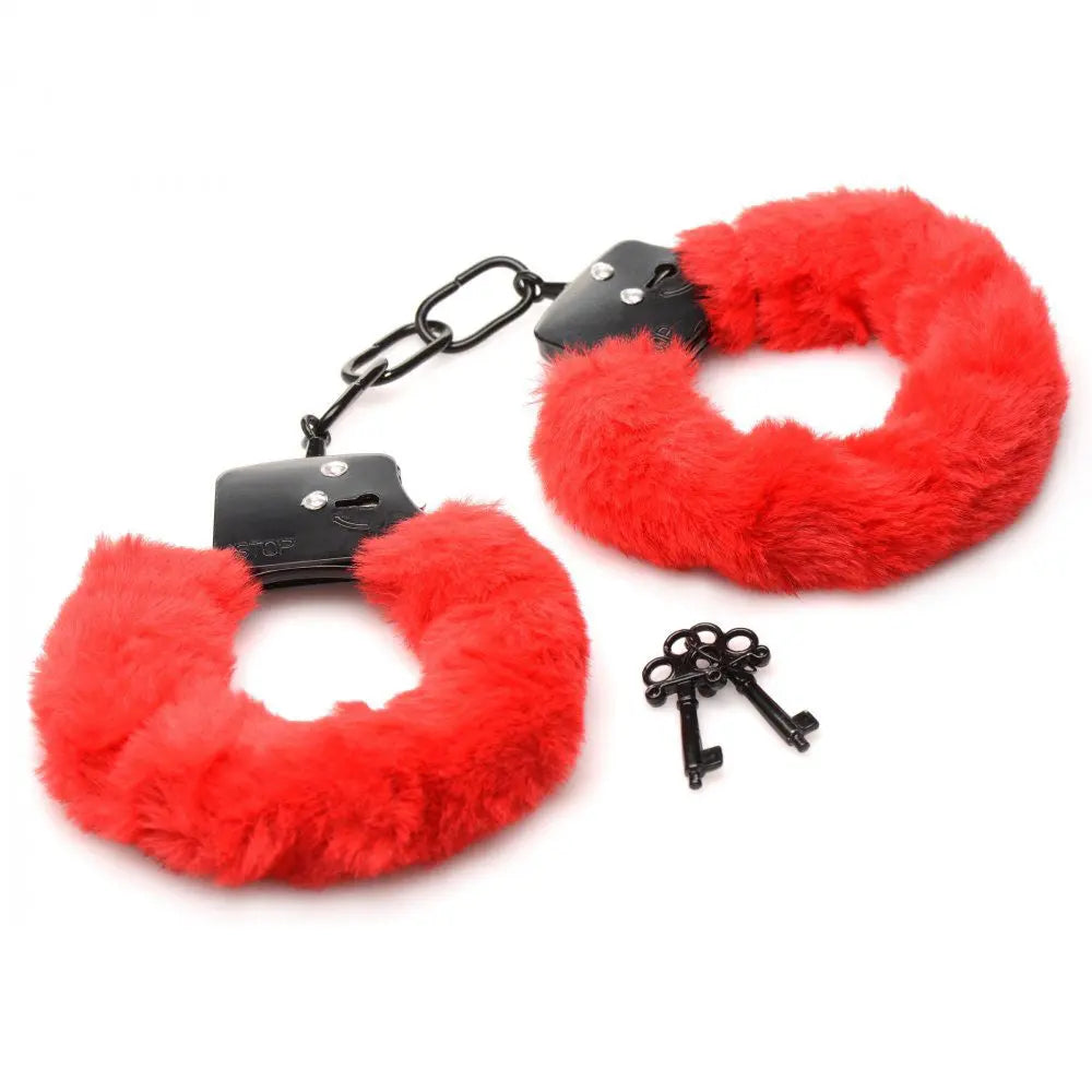 Cuffed in Fur Furry Handcuffs - Red – body-safe materials | Fu'Cha Exotics